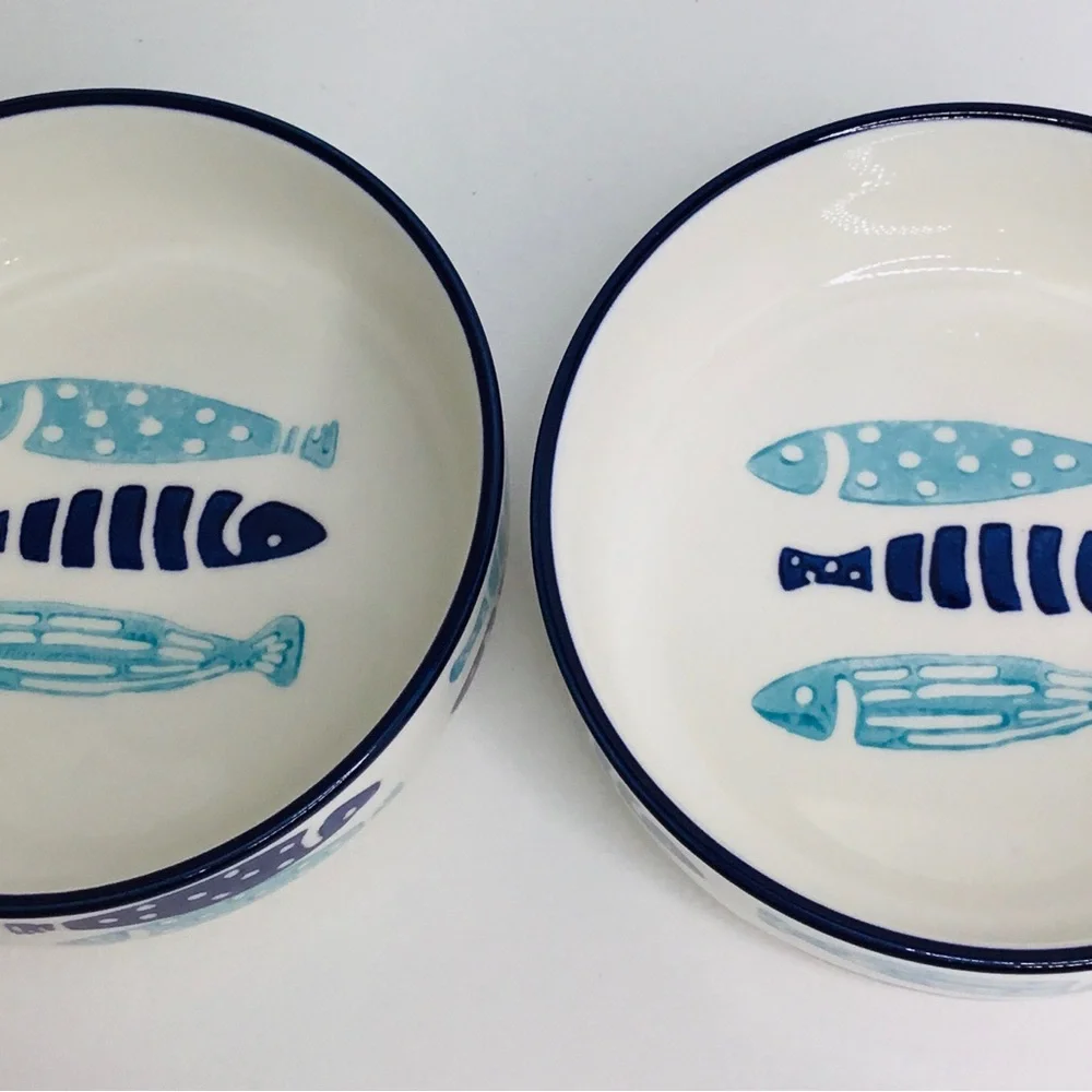 2 Signature Cat Bowls Blue and Aqua Fisk Pet Bowls 5” X 2” New